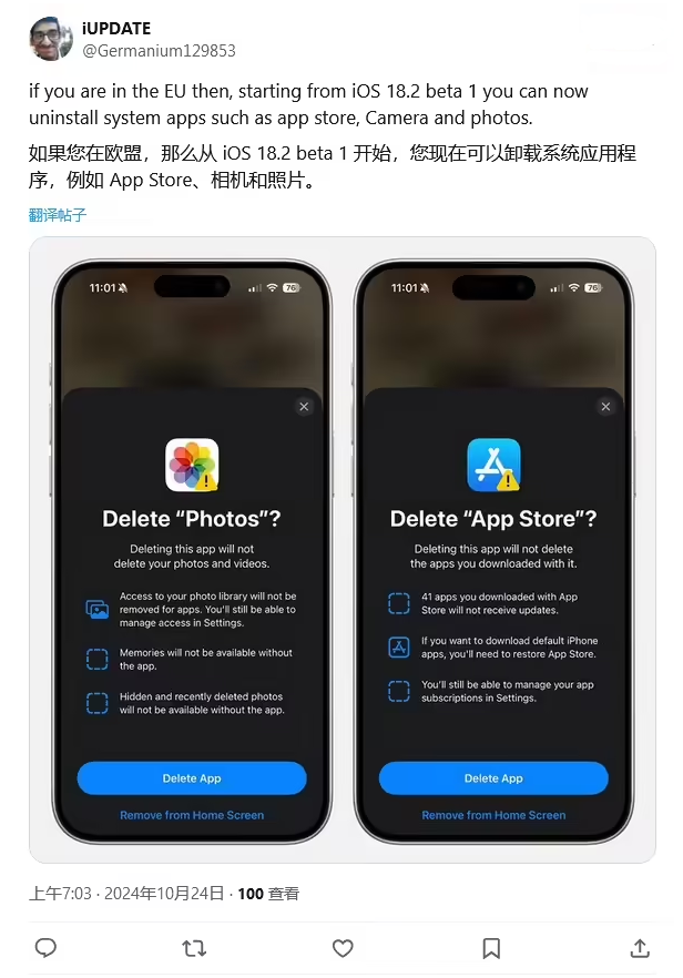 龙华山办事处苹果手机维修分享iOS 18.2 支持删除 App Store 应用商店 