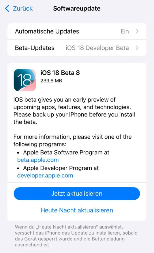 龙华山办事处苹果手机维修分享苹果 iOS / iPadOS 18 开发者预览版 Beta 8 发布 